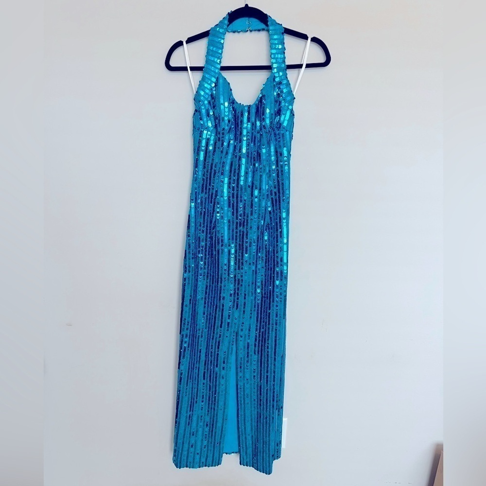 Turquoise Sequin Halter-Style Prom Dress